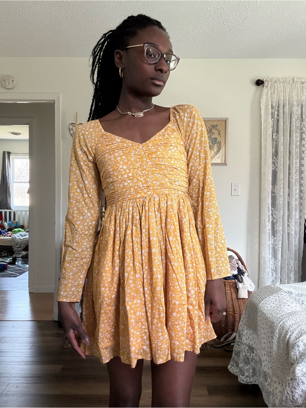 American Eagle Outfitters Yellow Floral Long-Sleeve Mini Dress